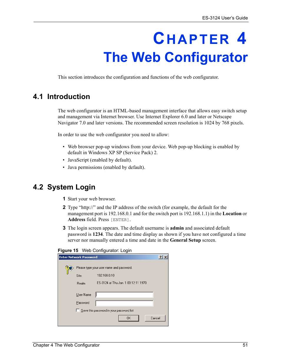 The web configurator, 1 introduction, 2 system login | Chapter 4 the web configurator, 1 introduction 4.2 system login, Figure 15 web configurator: login | ZyXEL Communications LAYER 3 ES-3124 User Manual | Page 53 / 337