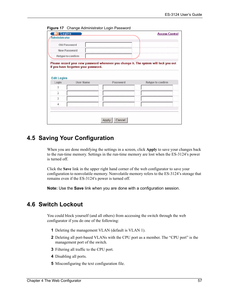 5 saving your configuration, 6 switch lockout, 5 saving your configuration 4.6 switch lockout | Figure 17 change administrator login password | ZyXEL Communications LAYER 3 ES-3124 User Manual | Page 59 / 337