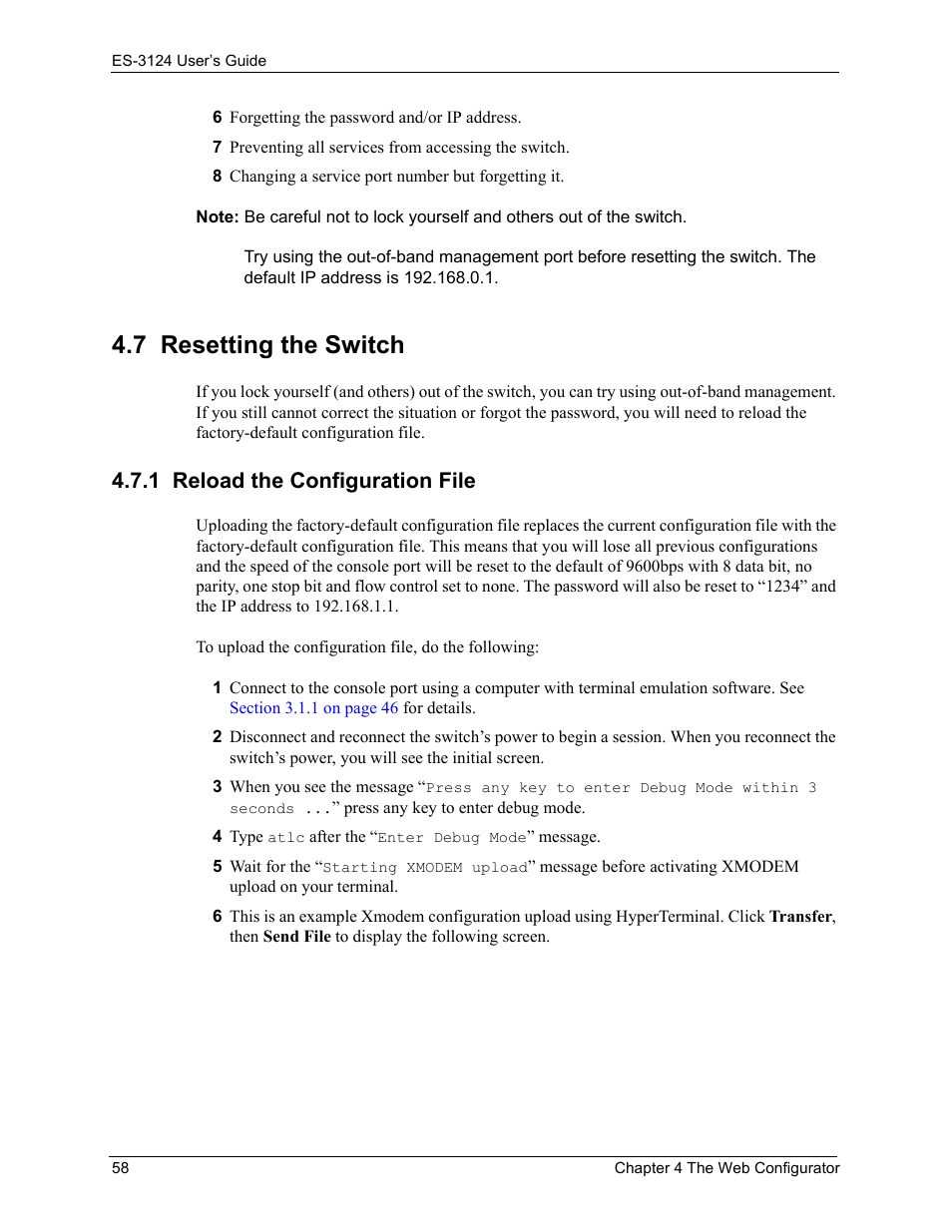 7 resetting the switch, 1 reload the configuration file | ZyXEL Communications LAYER 3 ES-3124 User Manual | Page 60 / 337