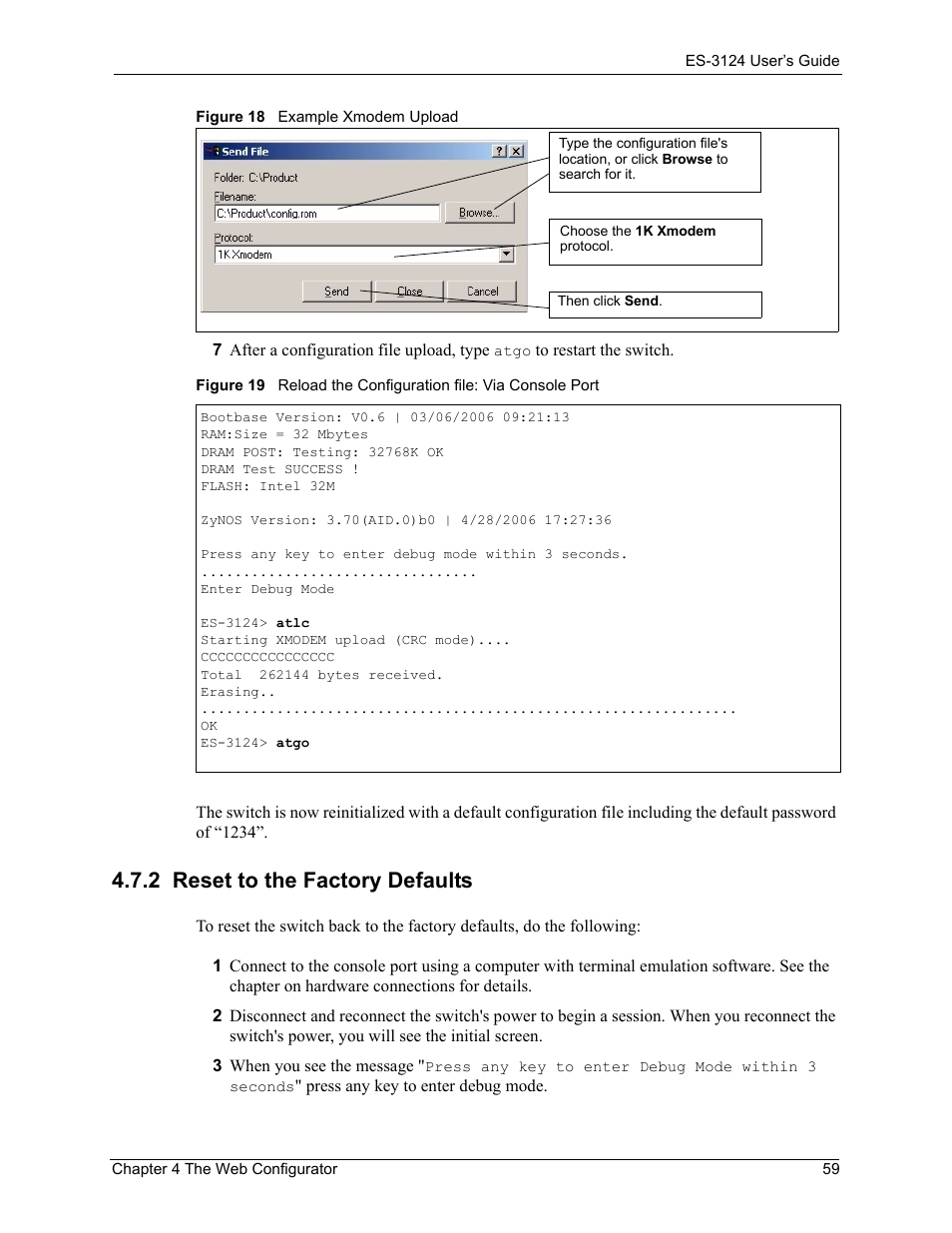 2 reset to the factory defaults | ZyXEL Communications LAYER 3 ES-3124 User Manual | Page 61 / 337