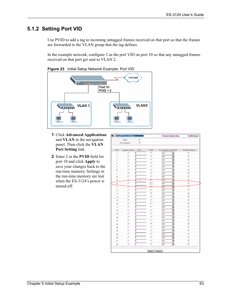 2 setting port vid, Figure 23 initial setup network example: port vid | ZyXEL Communications LAYER 3 ES-3124 User Manual | Page 65 / 337