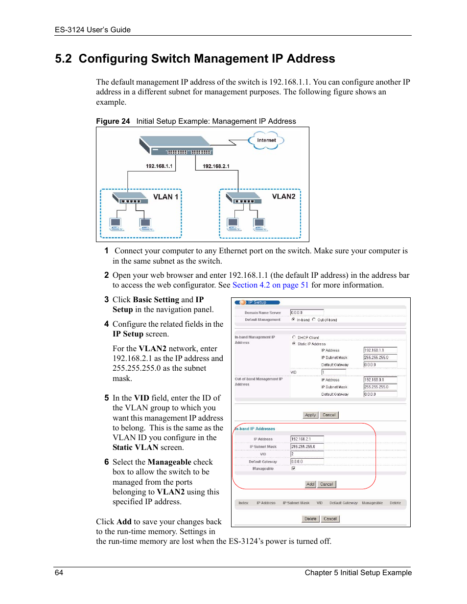 2 configuring switch management ip address | ZyXEL Communications LAYER 3 ES-3124 User Manual | Page 66 / 337