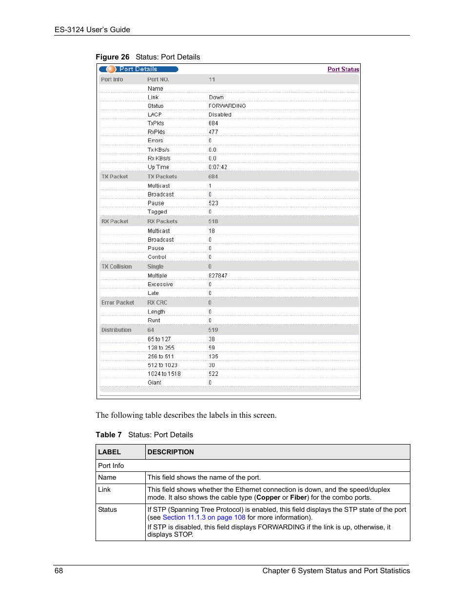 Figure 26 status: port details, Table 7 status: port details | ZyXEL Communications LAYER 3 ES-3124 User Manual | Page 70 / 337