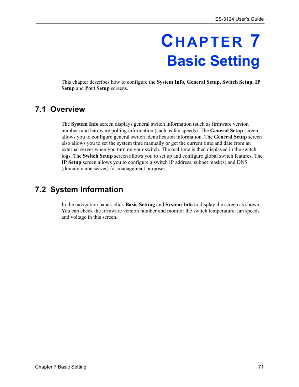 Basic setting, 1 overview, Chapter 7 basic setting | 1 overview 7.2 system information | ZyXEL Communications LAYER 3 ES-3124 User Manual | Page 73 / 337