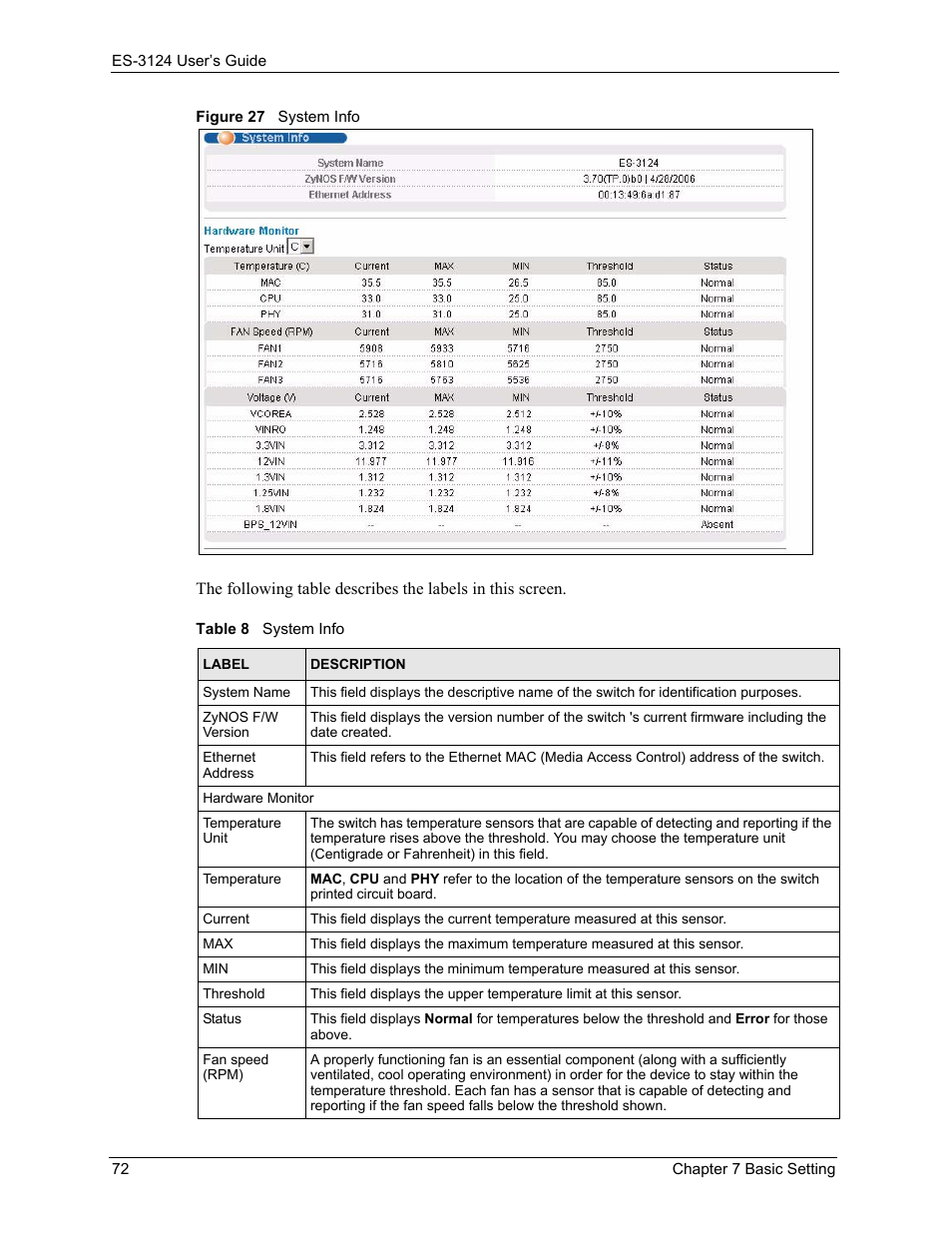 Figure 27 system info, Table 8 system info | ZyXEL Communications LAYER 3 ES-3124 User Manual | Page 74 / 337