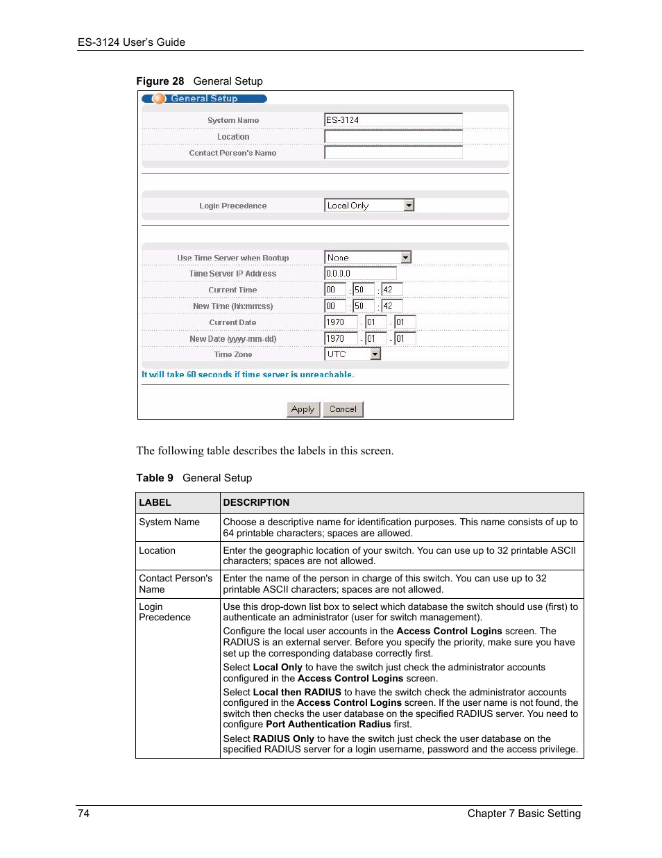 Figure 28 general setup, Table 9 general setup | ZyXEL Communications LAYER 3 ES-3124 User Manual | Page 76 / 337