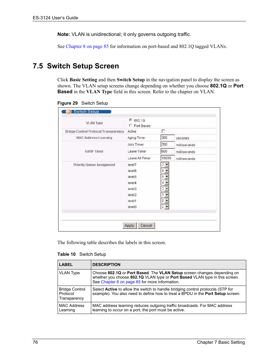 5 switch setup screen, Figure 29 switch setup, Table 10 switch setup | ZyXEL Communications LAYER 3 ES-3124 User Manual | Page 78 / 337