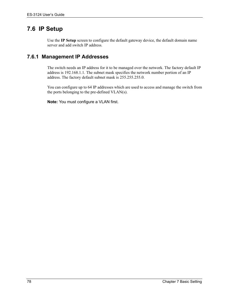 1 management ip addresses, 6 ip setup | ZyXEL Communications LAYER 3 ES-3124 User Manual | Page 80 / 337