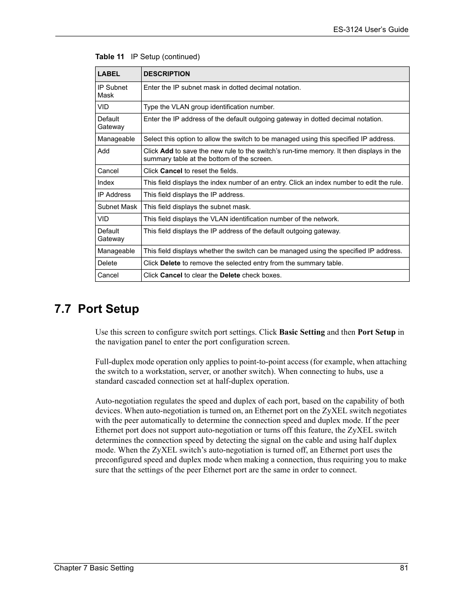 7 port setup | ZyXEL Communications LAYER 3 ES-3124 User Manual | Page 83 / 337