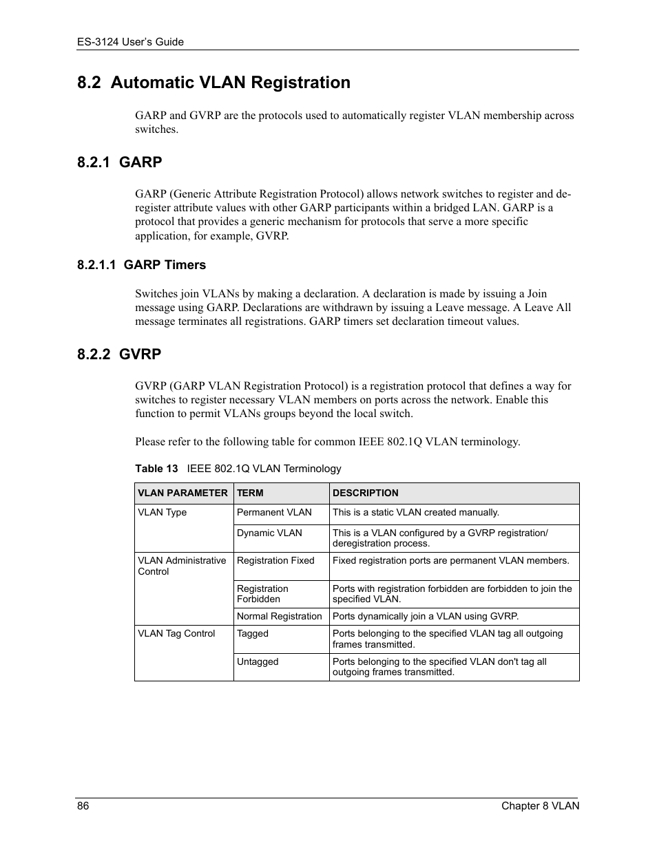 2 automatic vlan registration, 1 garp, 1 garp timers | 2 gvrp, Table 13 ieee 802.1q vlan terminology | ZyXEL Communications LAYER 3 ES-3124 User Manual | Page 88 / 337