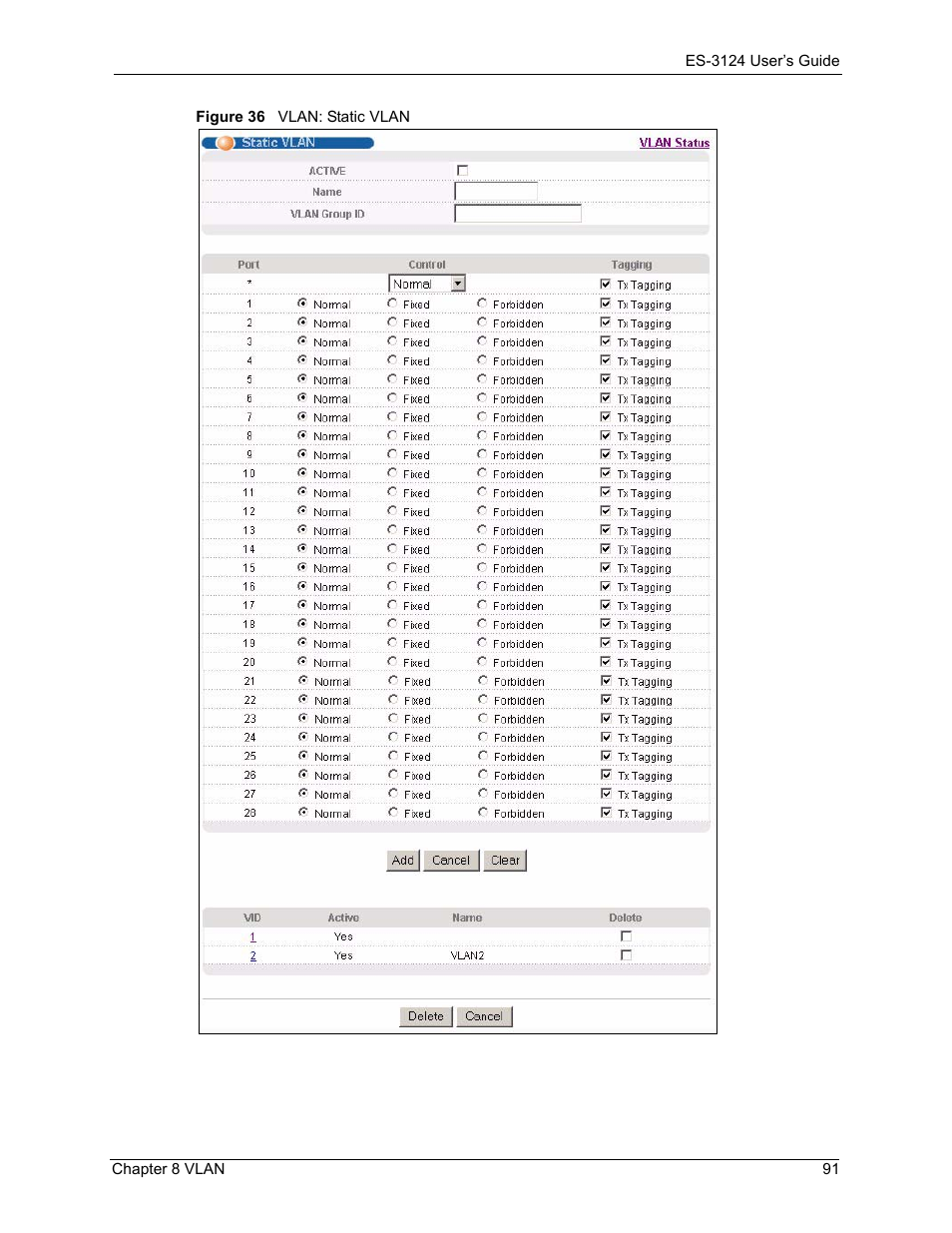 Figure 36 vlan: static vlan | ZyXEL Communications LAYER 3 ES-3124 User Manual | Page 93 / 337