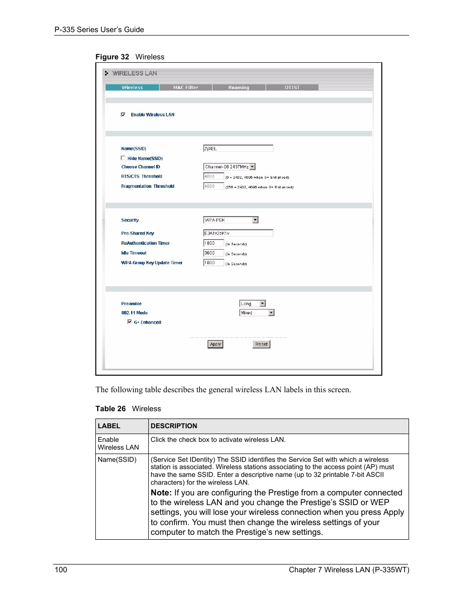 Figure 32 wireless, Table 26 wireless | ZyXEL Communications P-335WT User Manual | Page 100 / 509