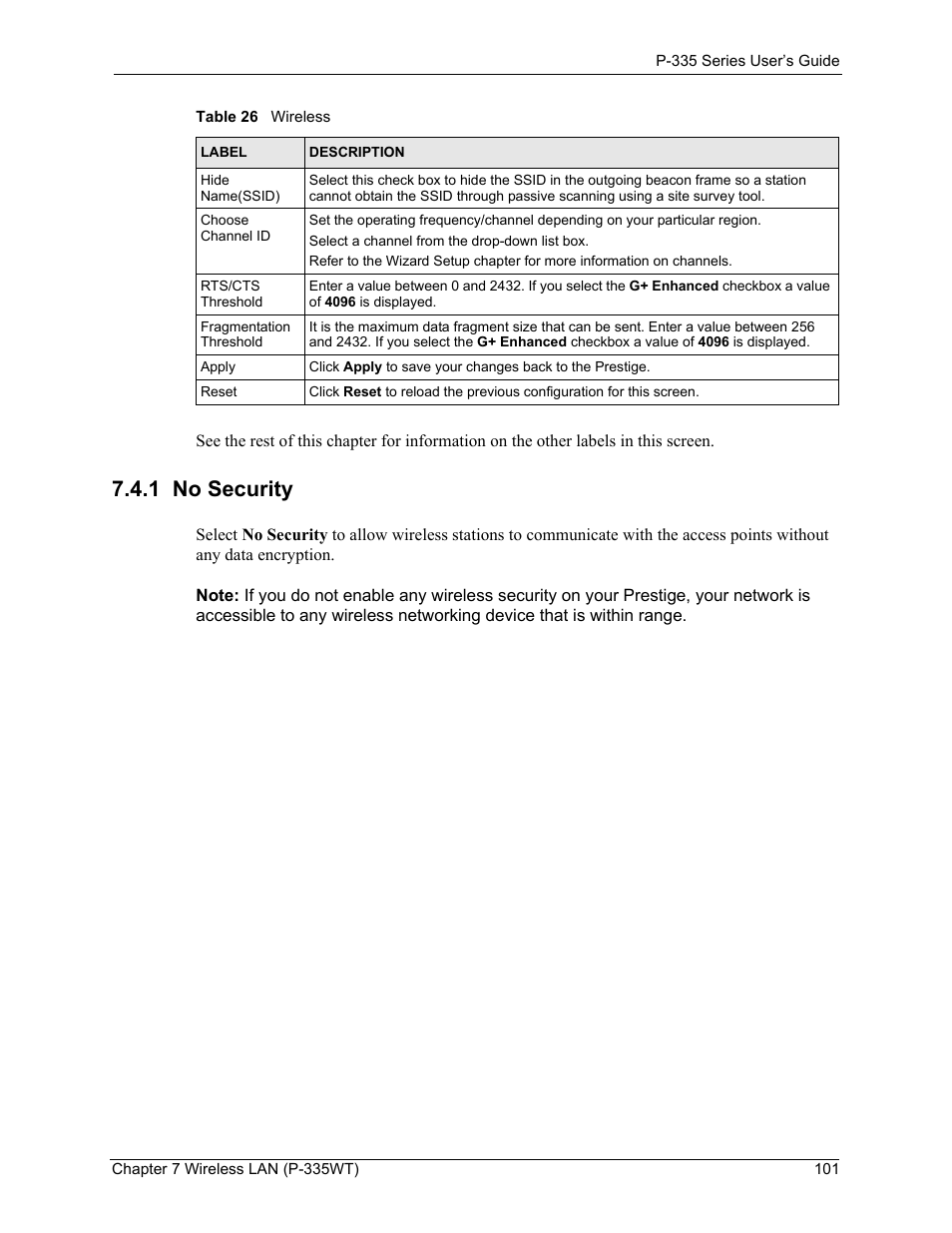 1 no security | ZyXEL Communications P-335WT User Manual | Page 101 / 509