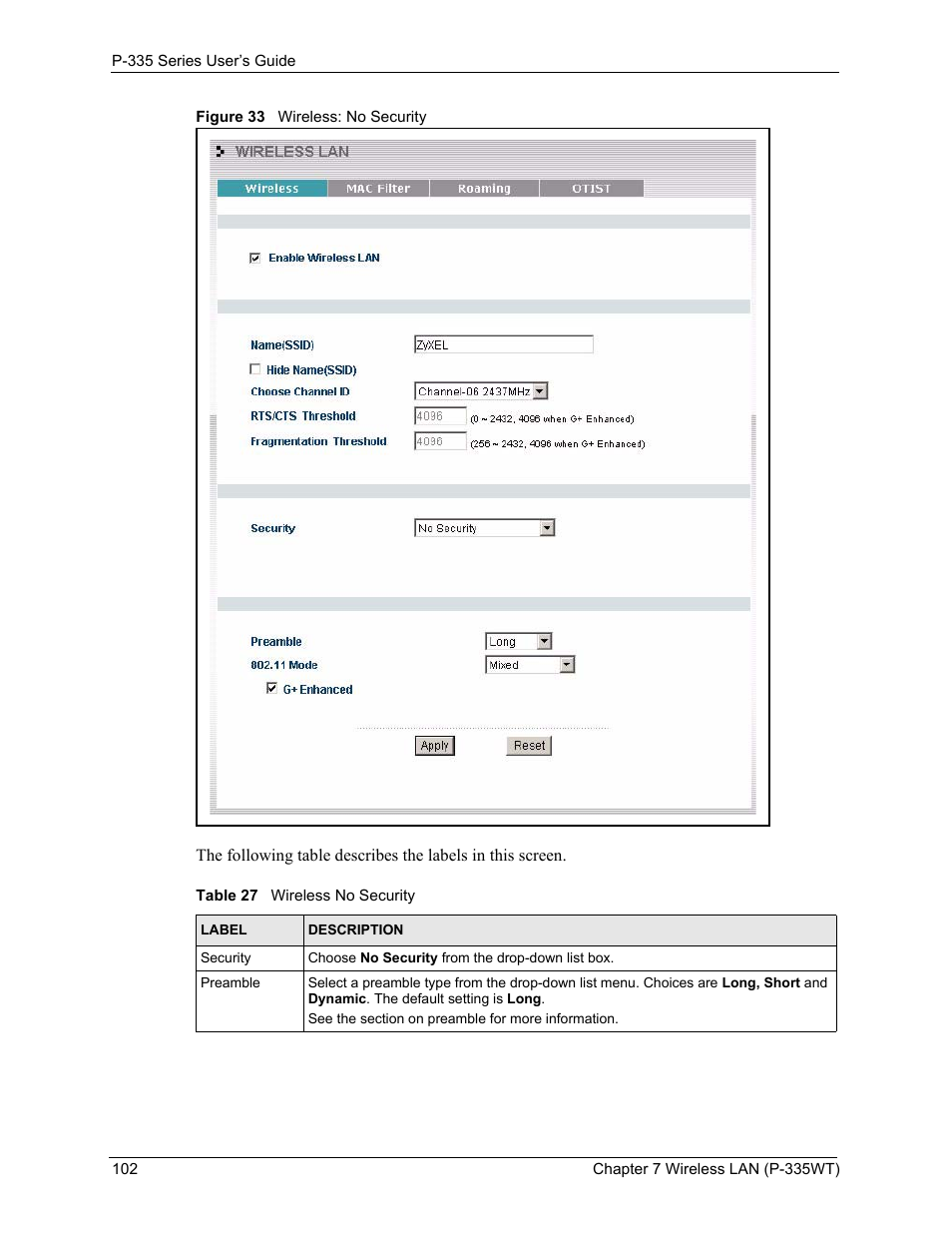 Figure 33 wireless: no security, Table 27 wireless no security | ZyXEL Communications P-335WT User Manual | Page 102 / 509