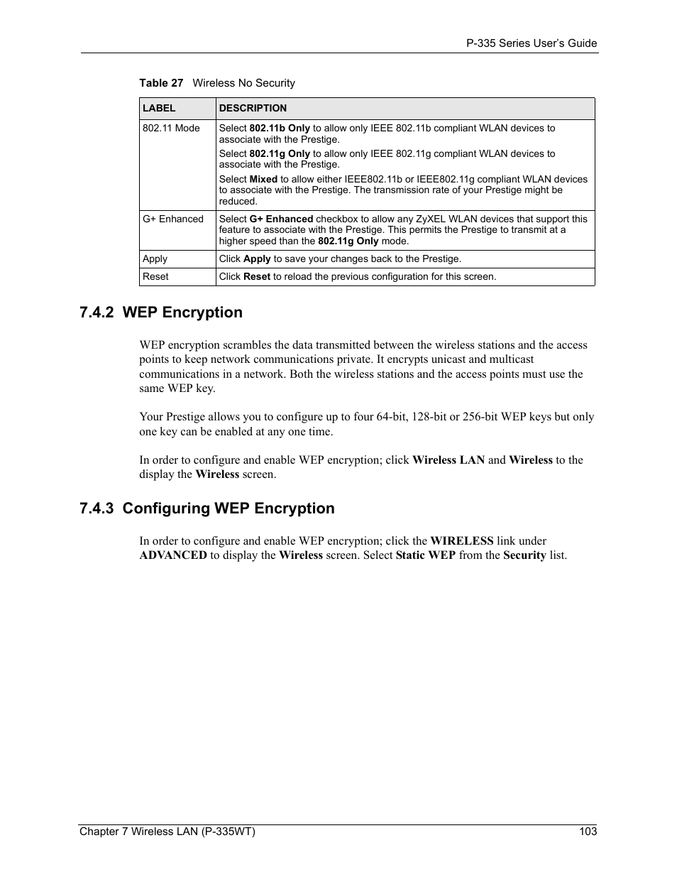 2 wep encryption, 3 configuring wep encryption, 2 wep encryption 7.4.3 configuring wep encryption | ZyXEL Communications P-335WT User Manual | Page 103 / 509