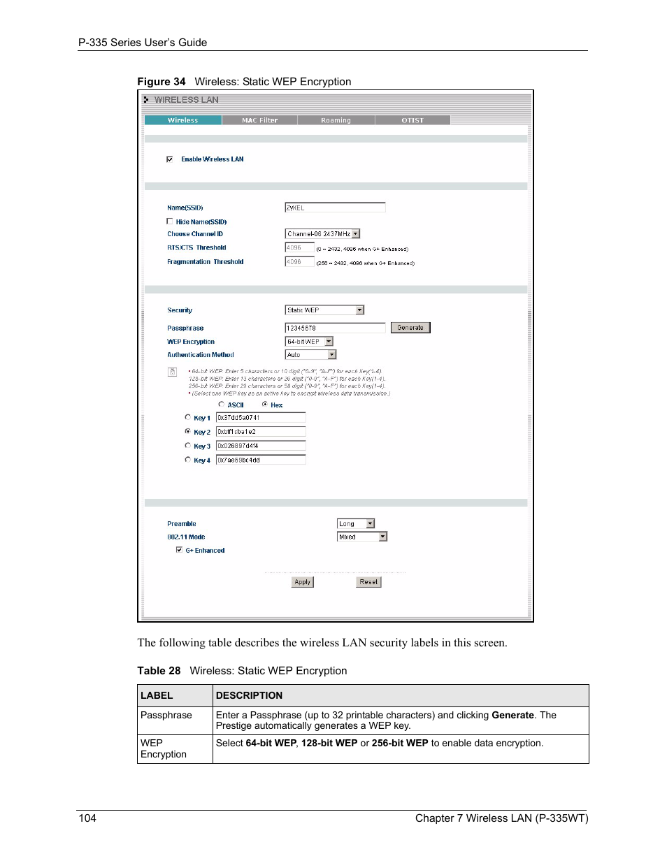 Figure 34 wireless: static wep encryption, Table 28 wireless: static wep encryption | ZyXEL Communications P-335WT User Manual | Page 104 / 509