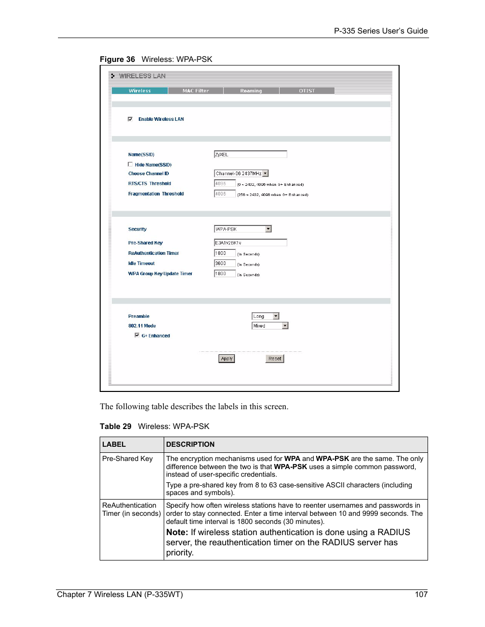 Figure 36 wireless: wpa-psk, Table 29 wireless: wpa-psk | ZyXEL Communications P-335WT User Manual | Page 107 / 509