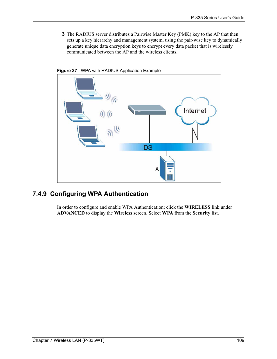 9 configuring wpa authentication, Figure 37 wpa with radius application example | ZyXEL Communications P-335WT User Manual | Page 109 / 509