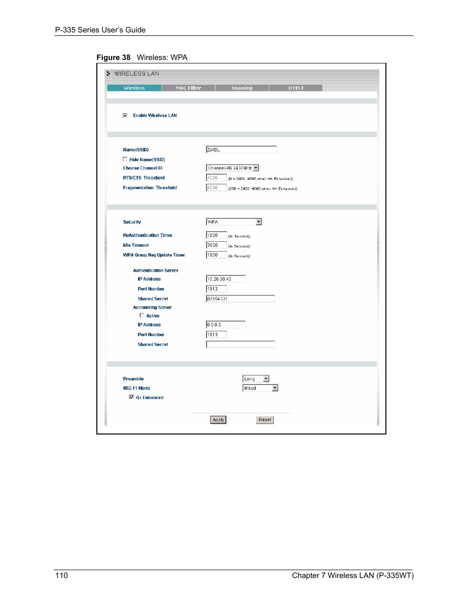 Figure 38 wireless: wpa | ZyXEL Communications P-335WT User Manual | Page 110 / 509