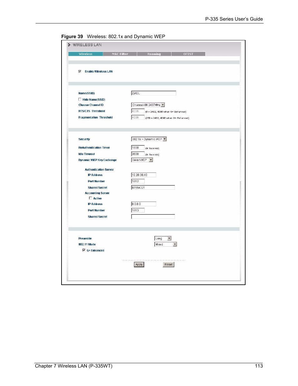 Figure 39 wireless: 802.1x and dynamic wep | ZyXEL Communications P-335WT User Manual | Page 113 / 509