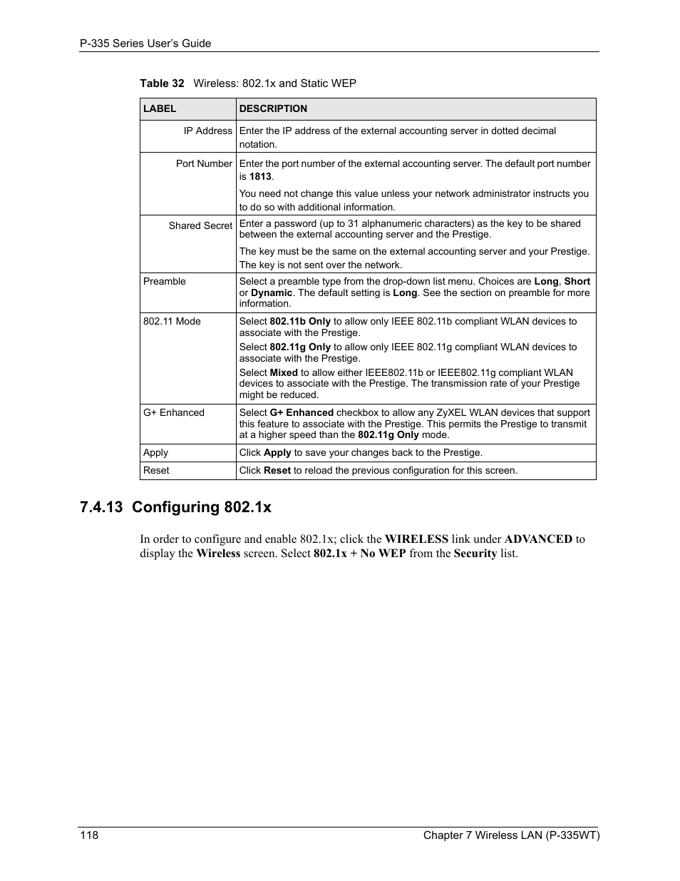 13 configuring 802.1x | ZyXEL Communications P-335WT User Manual | Page 118 / 509