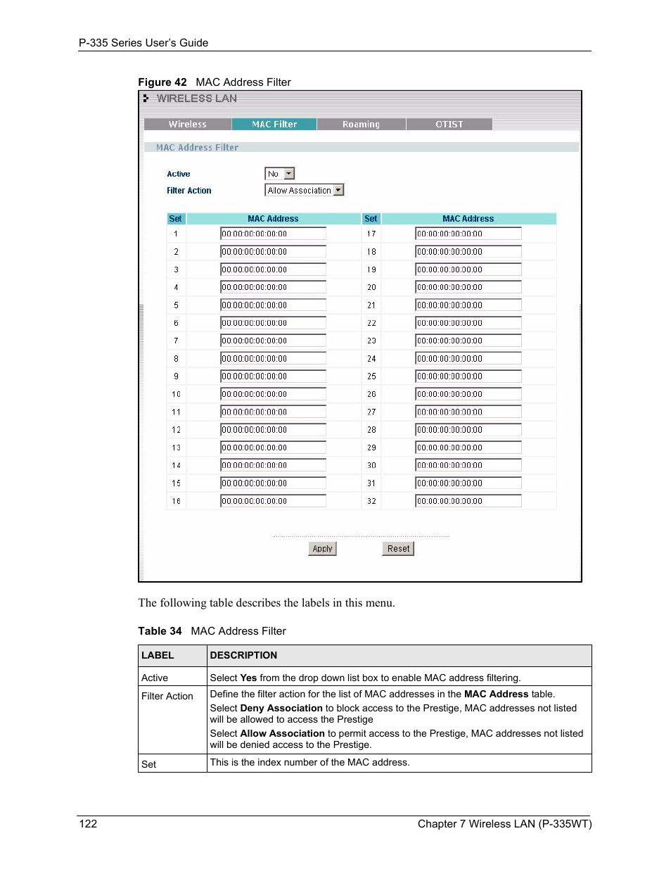 Figure 42 mac address filter, Table 34 mac address filter | ZyXEL Communications P-335WT User Manual | Page 122 / 509