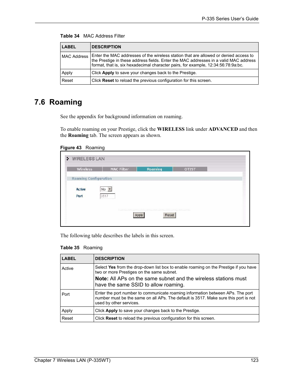 6 roaming, Figure 43 roaming, Table 35 roaming | ZyXEL Communications P-335WT User Manual | Page 123 / 509