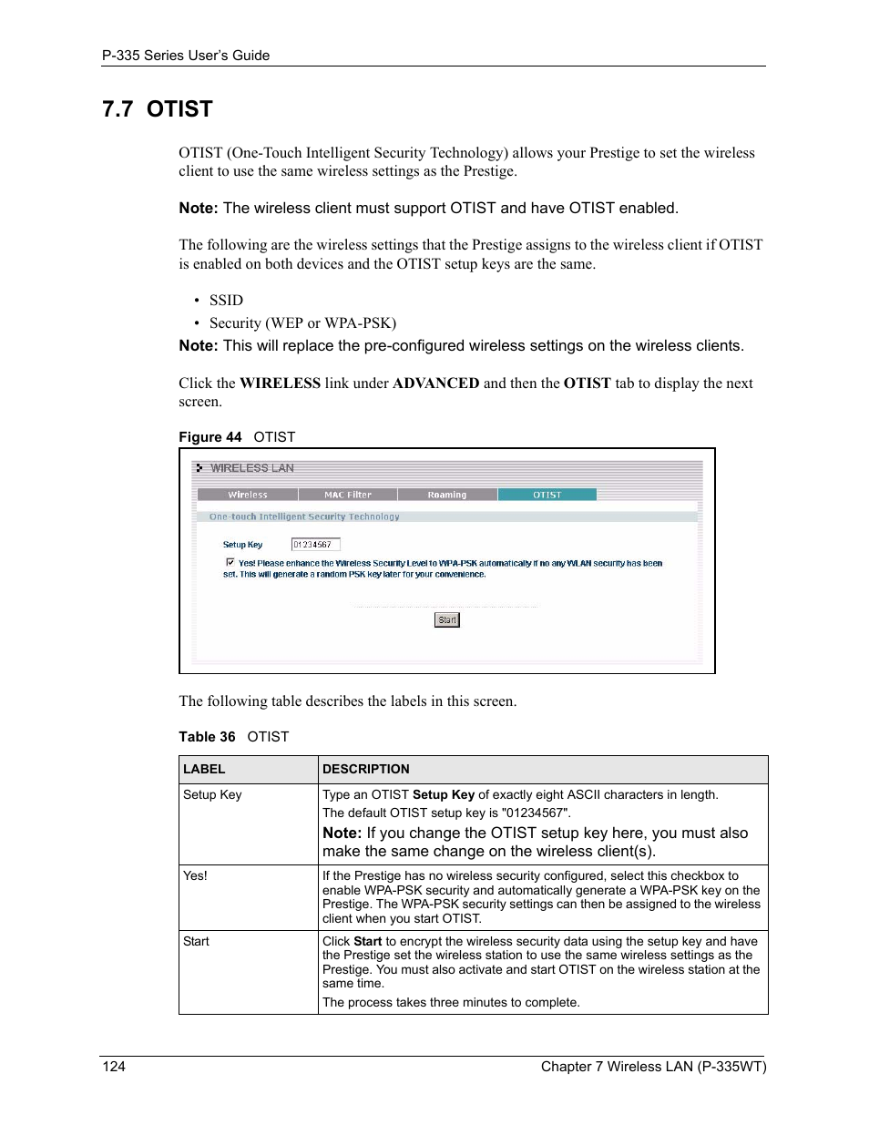 7 otist, Figure 44 otist, Table 36 otist | ZyXEL Communications P-335WT User Manual | Page 124 / 509