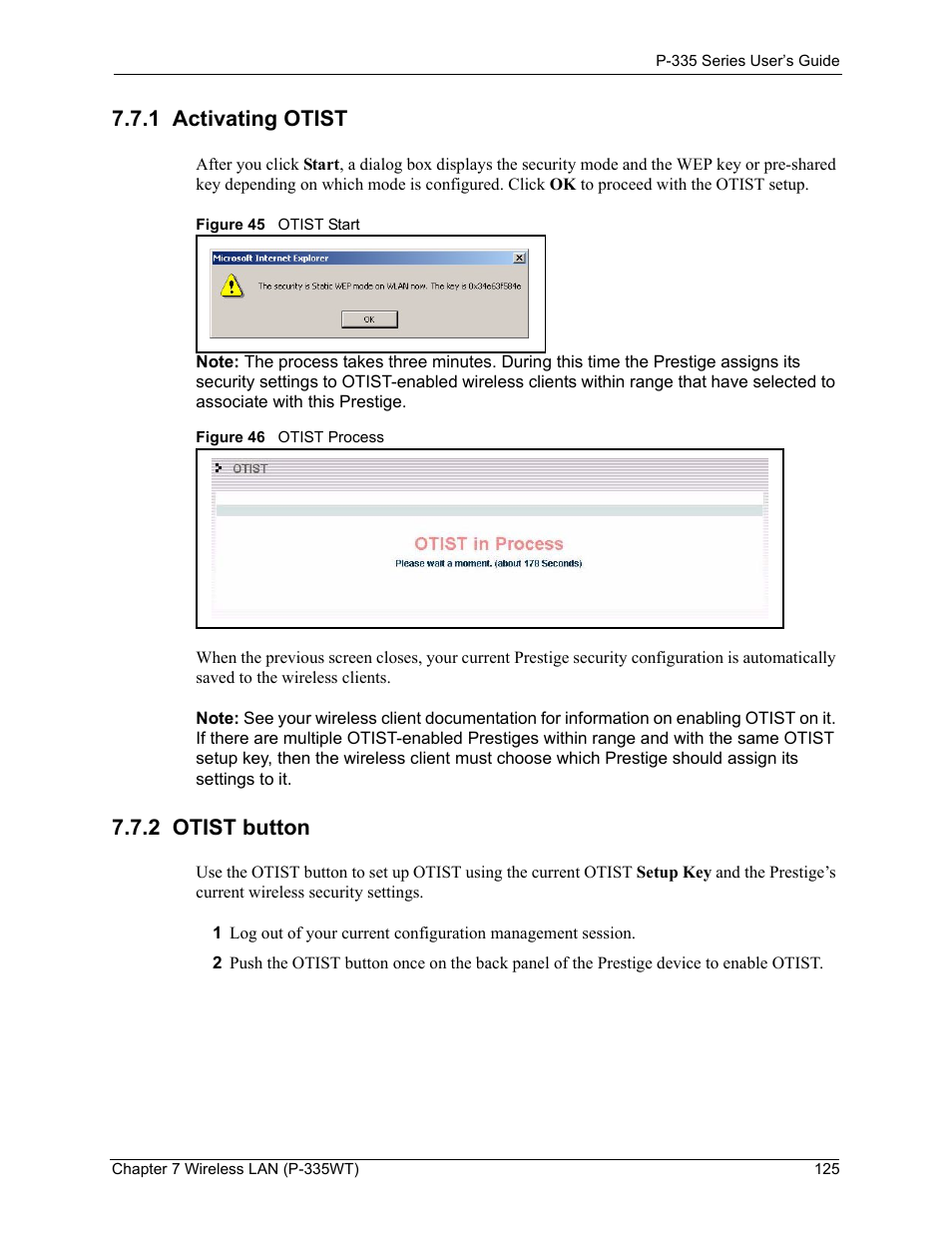 1 activating otist, 2 otist button, 1 activating otist 7.7.2 otist button | Figure 45 otist start figure 46 otist process | ZyXEL Communications P-335WT User Manual | Page 125 / 509