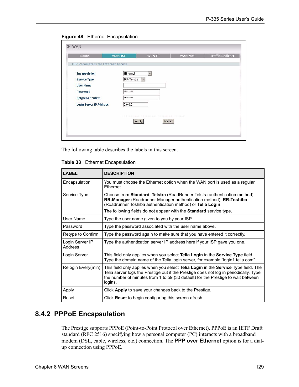 2 pppoe encapsulation, Figure 48 ethernet encapsulation, Table 38 ethernet encapsulation | ZyXEL Communications P-335WT User Manual | Page 129 / 509