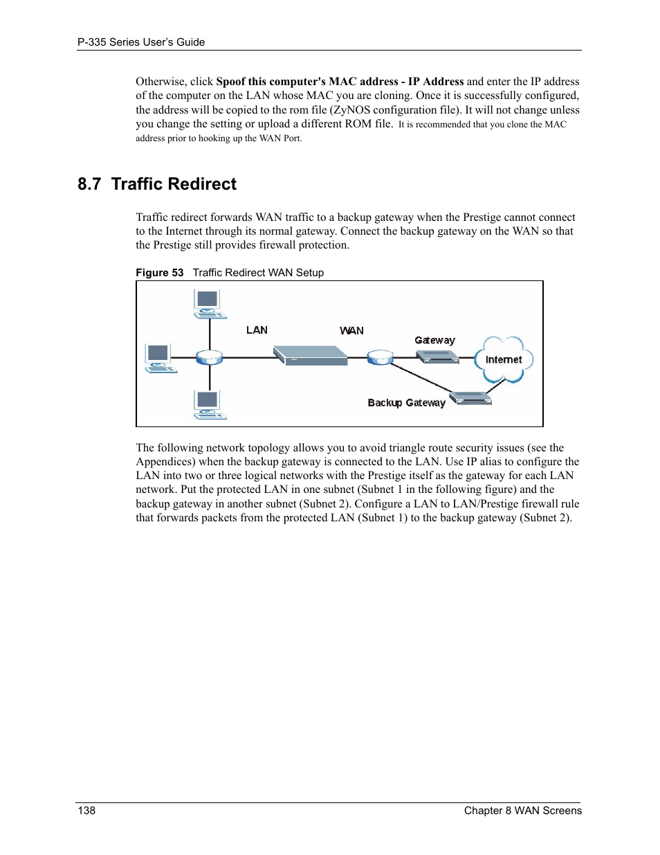 7 traffic redirect, Figure 53 traffic redirect wan setup | ZyXEL Communications P-335WT User Manual | Page 138 / 509