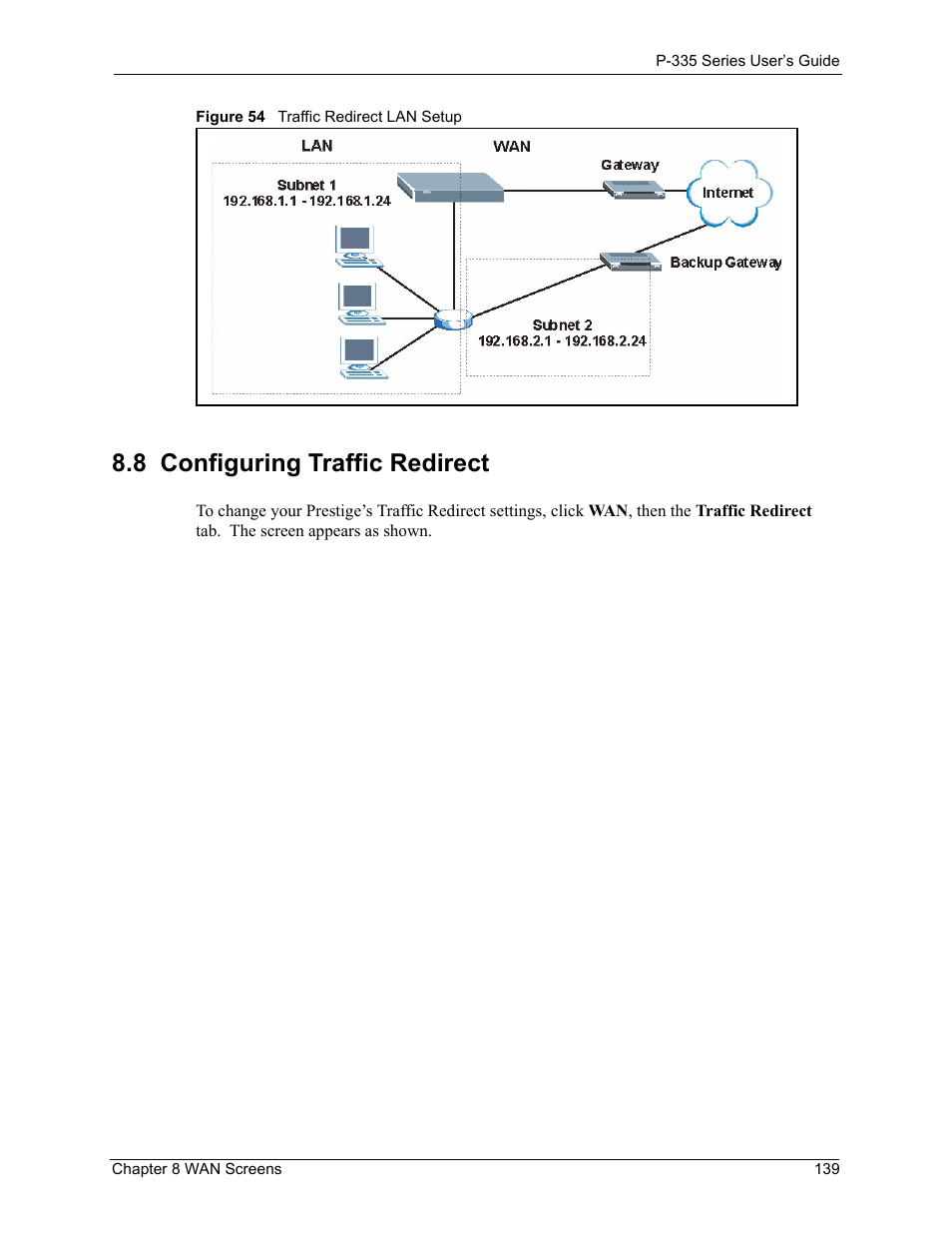 8 configuring traffic redirect, Figure 54 traffic redirect lan setup | ZyXEL Communications P-335WT User Manual | Page 139 / 509