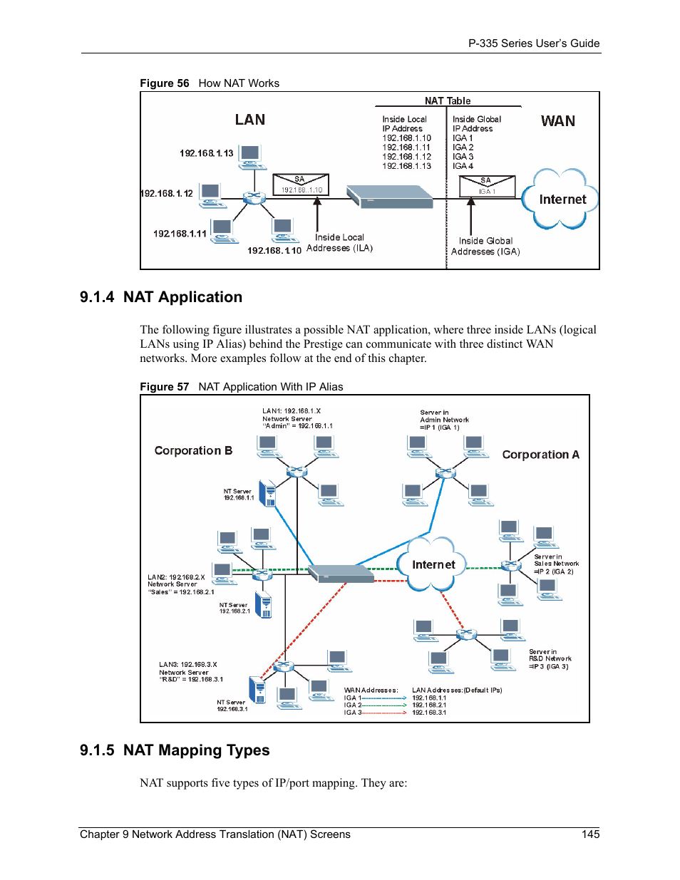 4 nat application, 5 nat mapping types, 4 nat application 9.1.5 nat mapping types | ZyXEL Communications P-335WT User Manual | Page 145 / 509