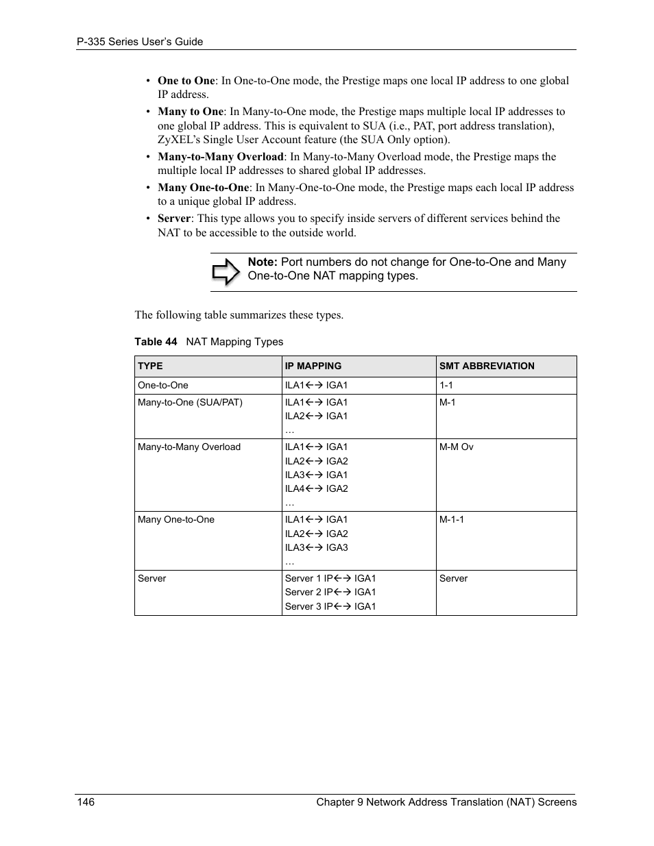 Table 44 nat mapping types | ZyXEL Communications P-335WT User Manual | Page 146 / 509