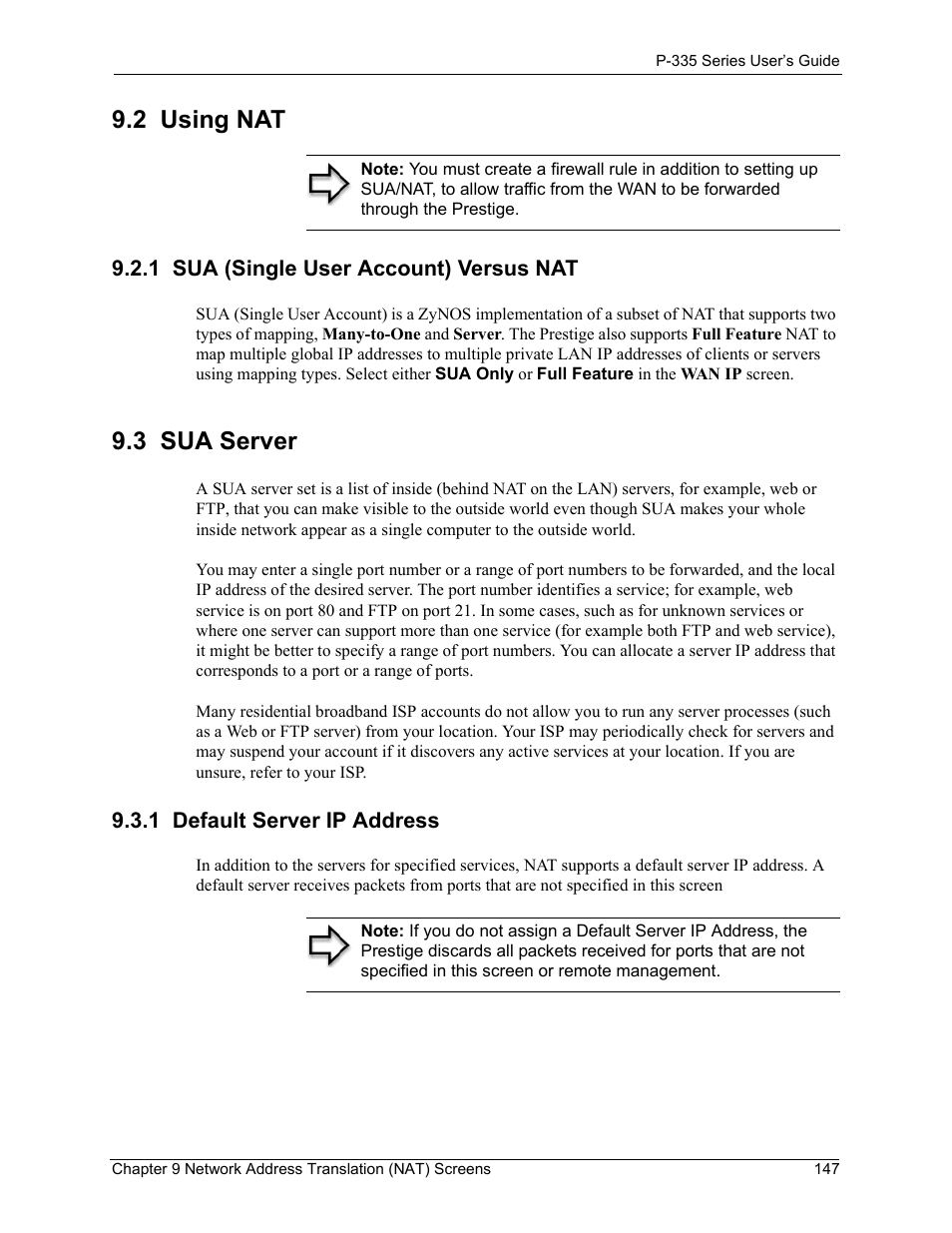 2 using nat, 1 sua (single user account) versus nat, 3 sua server | 1 default server ip address | ZyXEL Communications P-335WT User Manual | Page 147 / 509