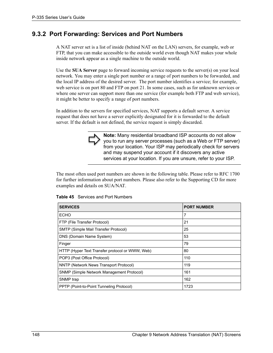 2 port forwarding: services and port numbers, Table 45 services and port numbers | ZyXEL Communications P-335WT User Manual | Page 148 / 509