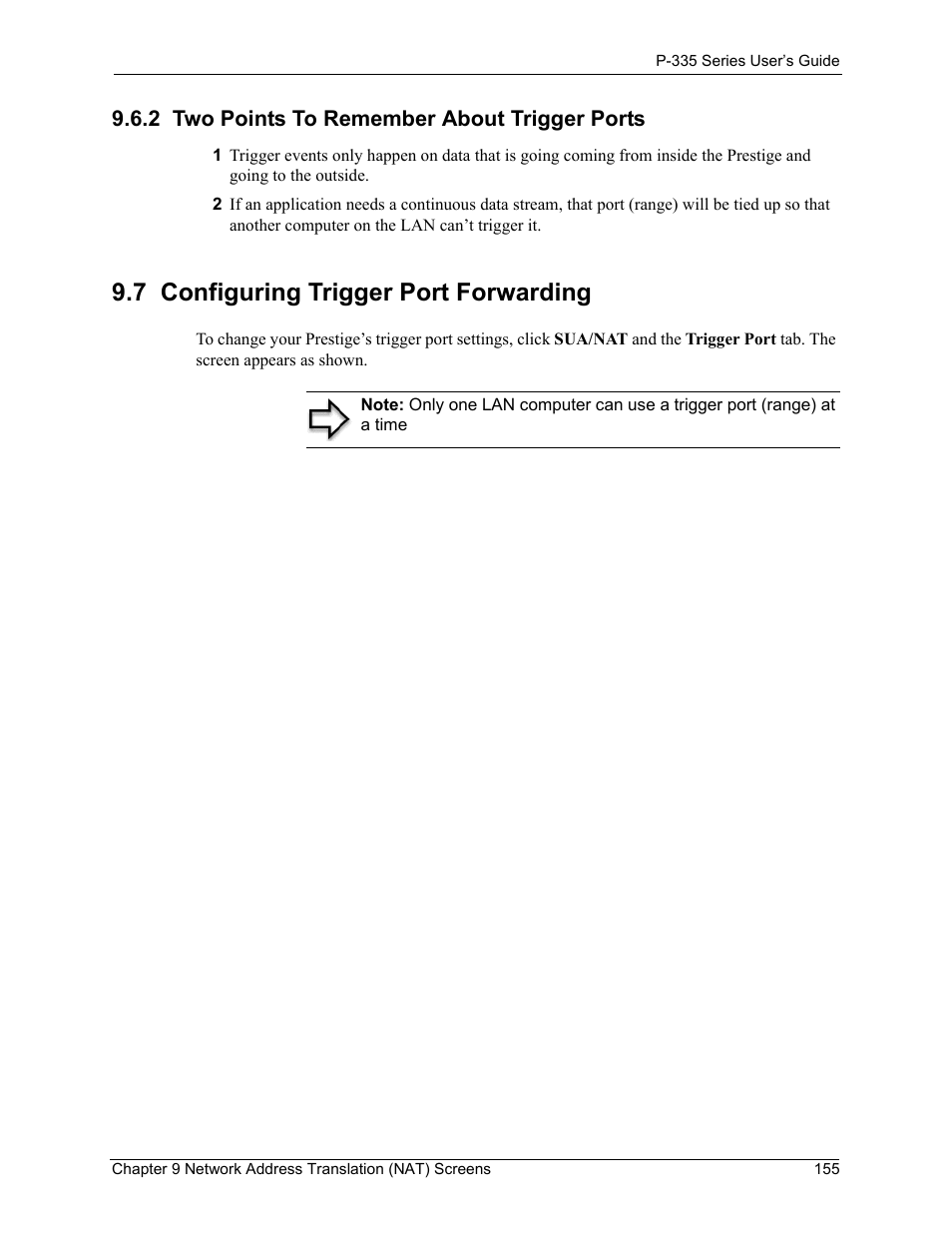 2 two points to remember about trigger ports, 7 configuring trigger port forwarding | ZyXEL Communications P-335WT User Manual | Page 155 / 509