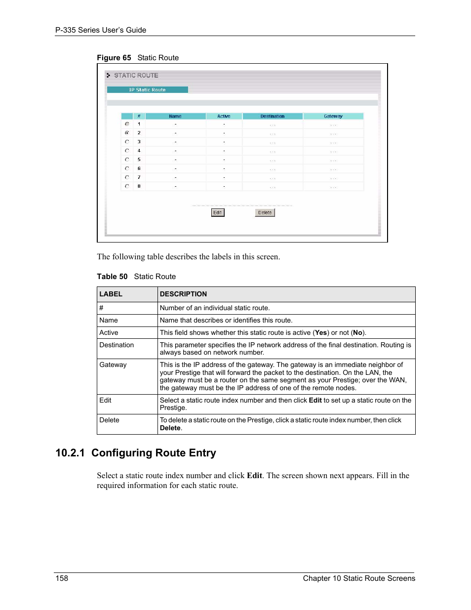 1 configuring route entry, Figure 65 static route, Table 50 static route | ZyXEL Communications P-335WT User Manual | Page 158 / 509