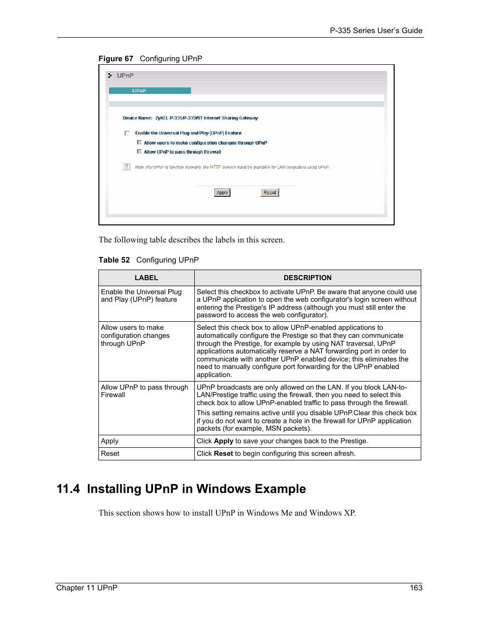 4 installing upnp in windows example, Figure 67 configuring upnp, Table 52 configuring upnp | ZyXEL Communications P-335WT User Manual | Page 163 / 509