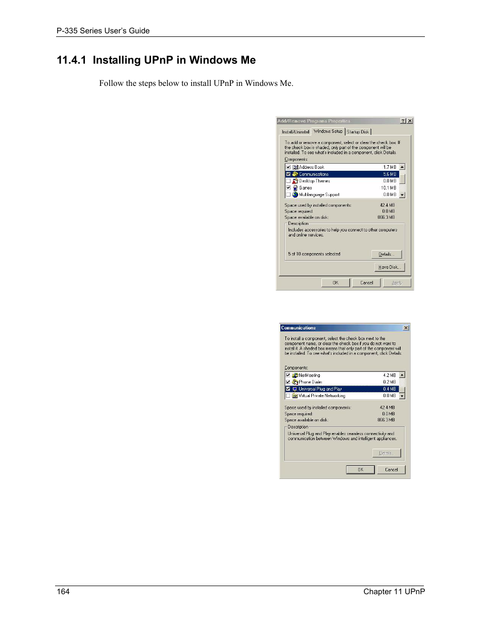 1 installing upnp in windows me | ZyXEL Communications P-335WT User Manual | Page 164 / 509