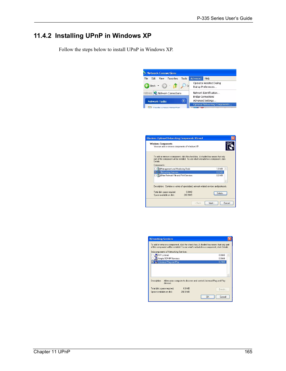 2 installing upnp in windows xp | ZyXEL Communications P-335WT User Manual | Page 165 / 509