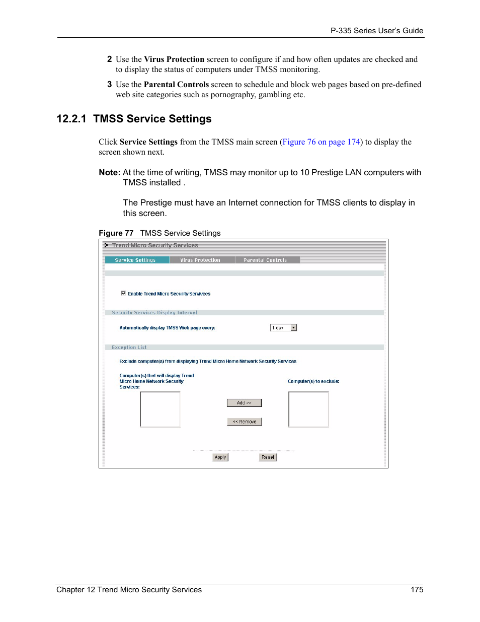 1 tmss service settings, Figure 77 tmss service settings | ZyXEL Communications P-335WT User Manual | Page 175 / 509