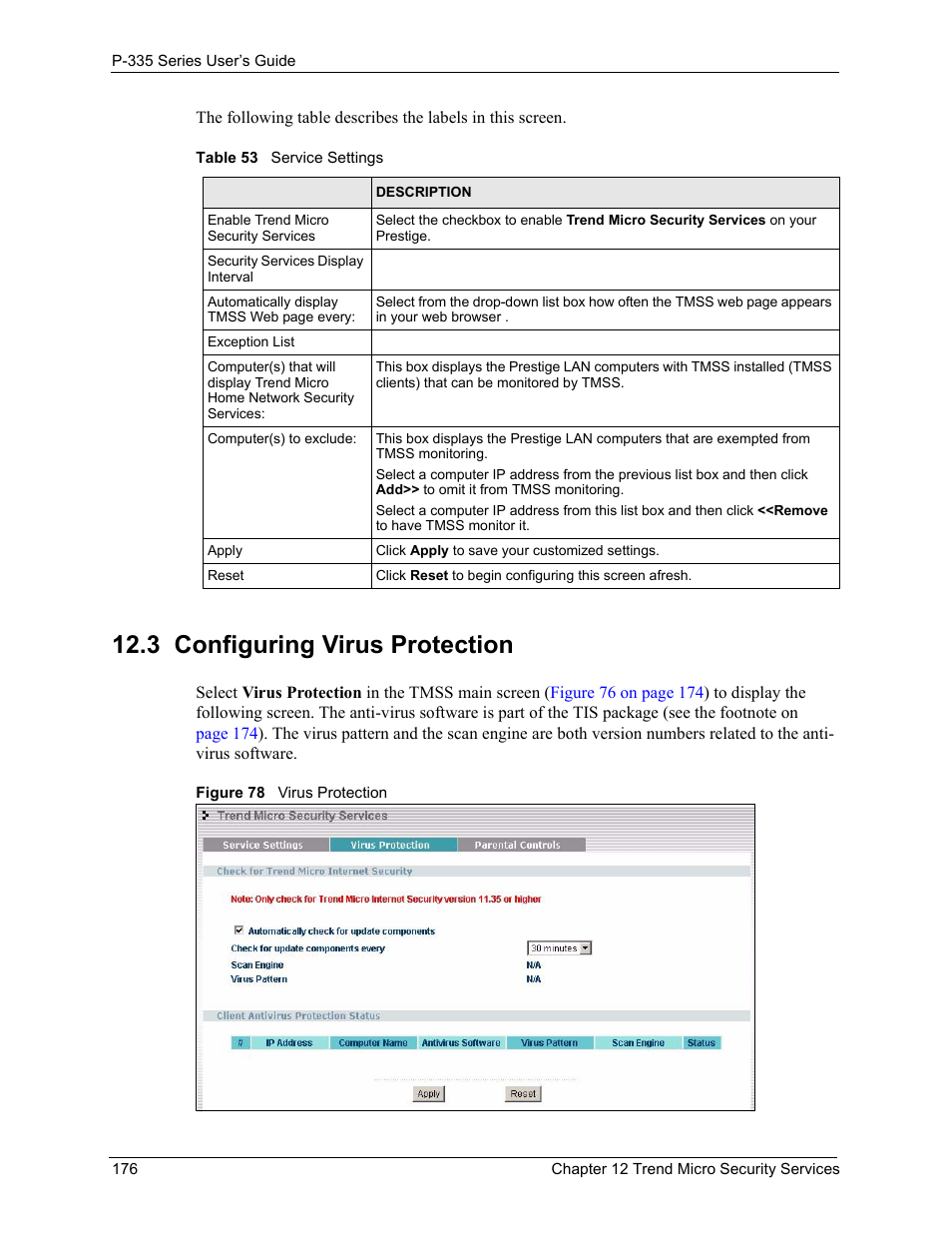 3 configuring virus protection, Figure 78 virus protection, Table 53 service settings | ZyXEL Communications P-335WT User Manual | Page 176 / 509