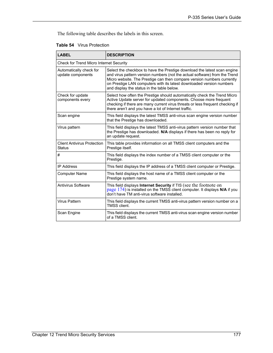 Table 54 virus protection | ZyXEL Communications P-335WT User Manual | Page 177 / 509