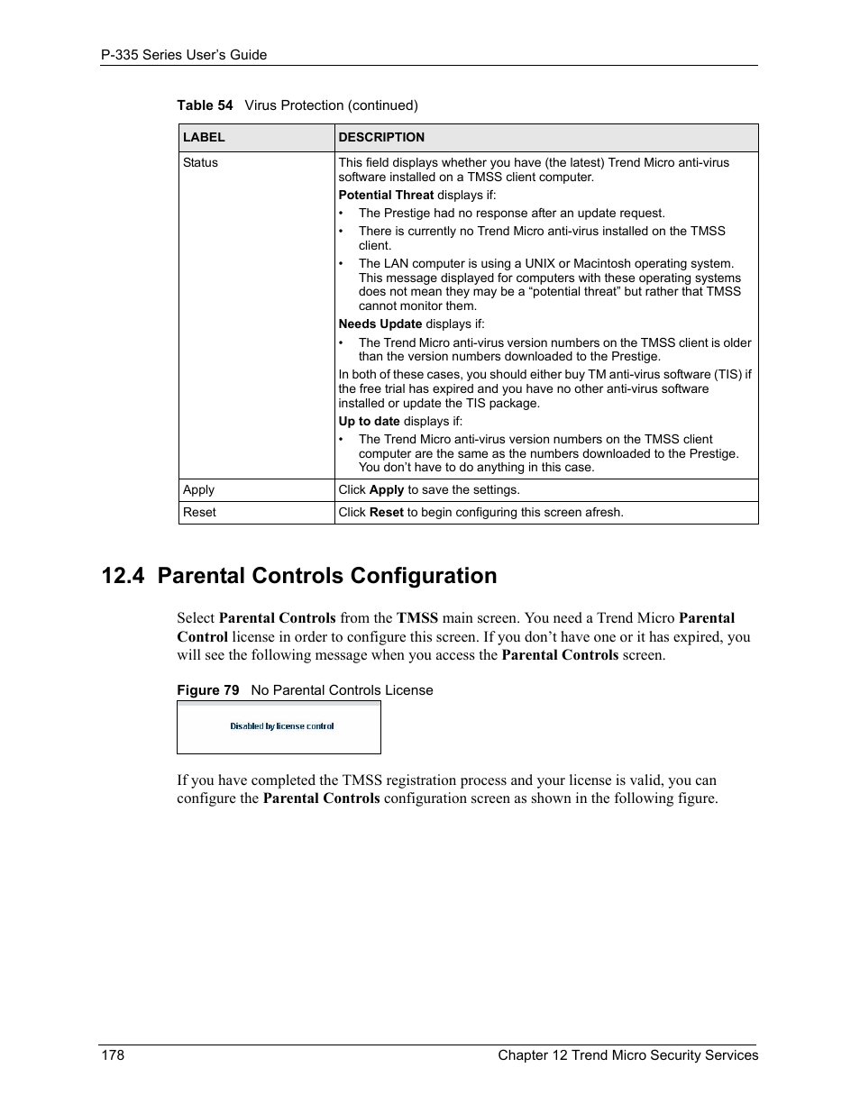 4 parental controls configuration, Figure 79 no parental controls license | ZyXEL Communications P-335WT User Manual | Page 178 / 509