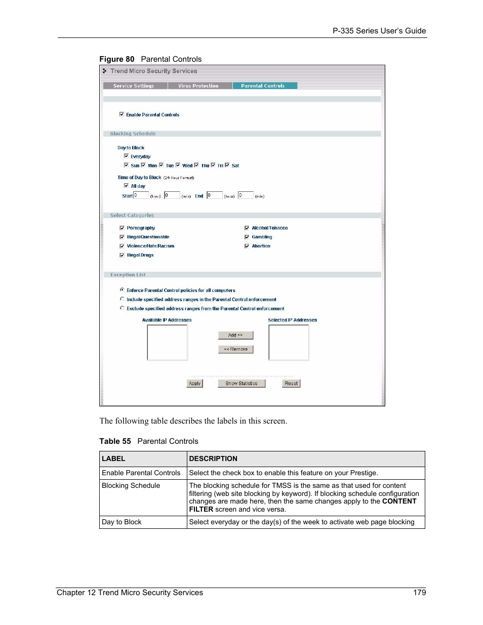 Figure 80 parental controls, Table 55 parental controls, The following scree | ZyXEL Communications P-335WT User Manual | Page 179 / 509