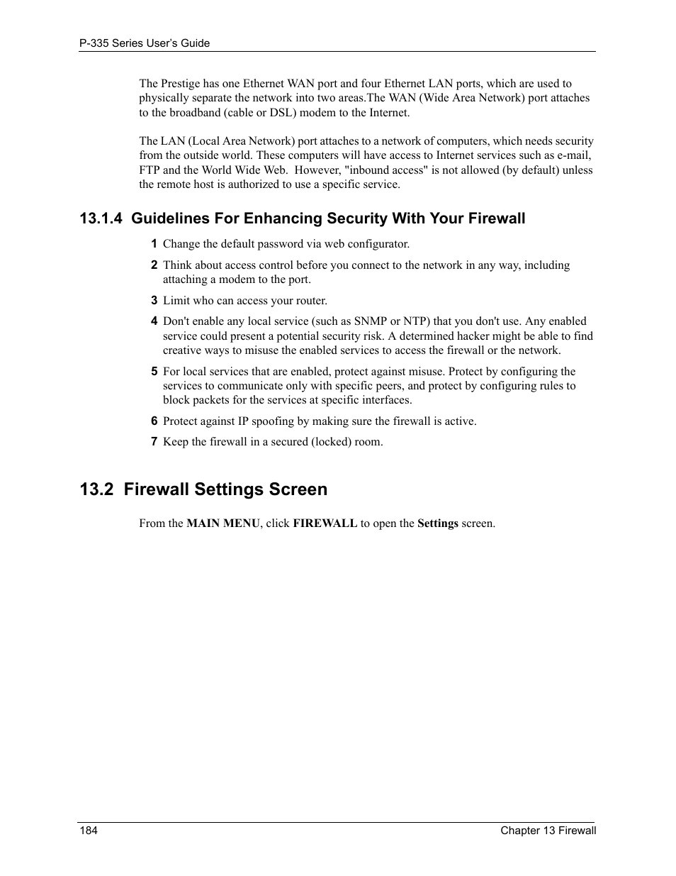 2 firewall settings screen | ZyXEL Communications P-335WT User Manual | Page 184 / 509
