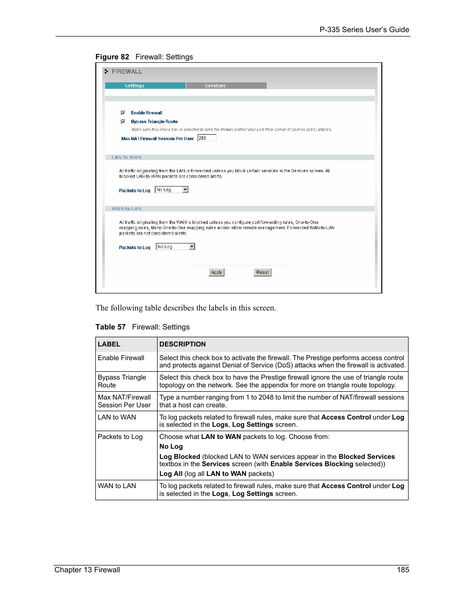 Figure 82 firewall: settings, Table 57 firewall: settings | ZyXEL Communications P-335WT User Manual | Page 185 / 509