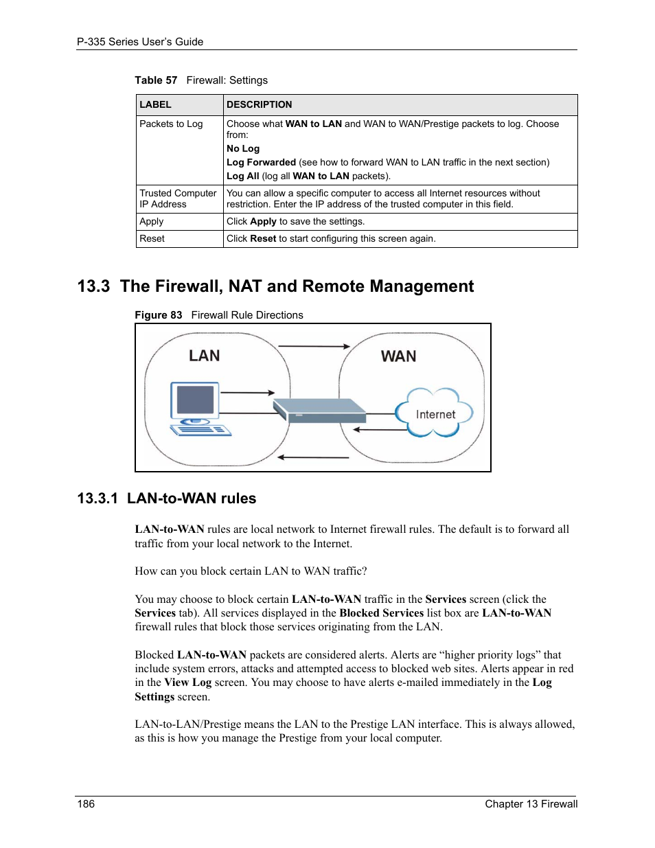 3 the firewall, nat and remote management, 1 lan-to-wan rules, Figure 83 firewall rule directions | ZyXEL Communications P-335WT User Manual | Page 186 / 509