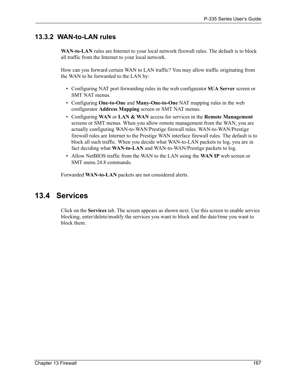 2 wan-to-lan rules, 4 services | ZyXEL Communications P-335WT User Manual | Page 187 / 509